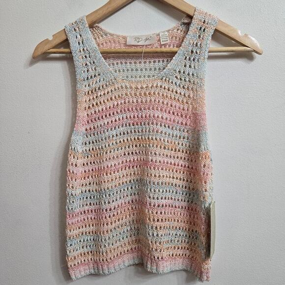 NWT RD Style Womens Pastel Rainbow Open Knit Tank Top Size M Striped Semi Sheer - Picture 1 of 10
